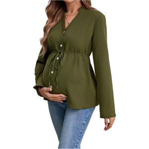 image:imageMakeMeChic Womens Maternity Blouse Notched Button Down Ruffle Long Sleeve Dressy TopsArmy Green