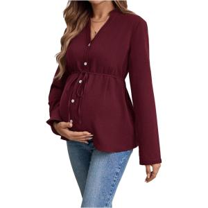 image:imageMakeMeChic Womens Maternity Blouse Notched Button Down Ruffle Long Sleeve Dressy TopsBurgundy
