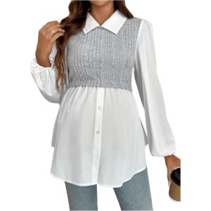 image:imageMakeMeChic Womens Maternity Blouses Long Sleeve Collared Rib Knitted 2 in 1 Babydoll ShirtGrey and White