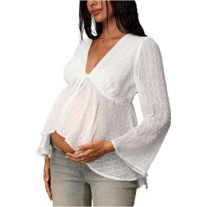 image:imageMakeMeChic Womens Maternity Blouses Swiss Dots Long Sleeve V Neck Tie Front Babydoll Tops ShirtWhite