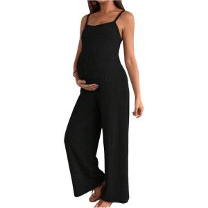 image:imageMakeMeChic Womens Maternity Cami Jumpsuit Spaghetti Strap Rib Wide Leg Pregnancy Overalls Romper Vacation OutfitsBlack