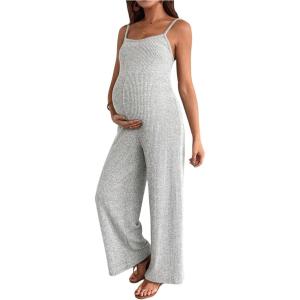 image:imageMakeMeChic Womens Maternity Cami Jumpsuit Spaghetti Strap Rib Wide Leg Pregnancy Overalls Romper Vacation OutfitsGrey
