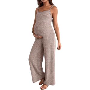 image:imageMakeMeChic Womens Maternity Cami Jumpsuit Spaghetti Strap Rib Wide Leg Pregnancy Overalls Romper Vacation OutfitsPink