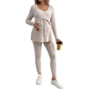 image:imageMakeMeChic Womens Maternity Clothes 2 Piece Outfit Long Sleeve V Neck Belted Tops and Leggings Pregnancy SetApricot