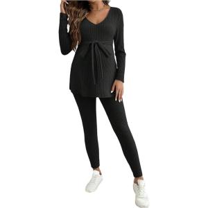 image:imageMakeMeChic Womens Maternity Clothes 2 Piece Outfit Long Sleeve V Neck Belted Tops and Leggings Pregnancy SetBlack