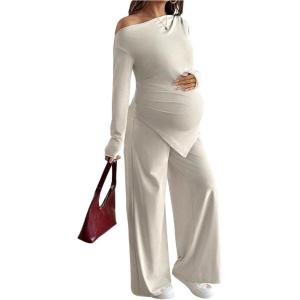 image:imageMakeMeChic Womens Maternity Clothes 2 Piece Spring Outfits Asymmetrical Top and Pants Matching Sets Apricot Large