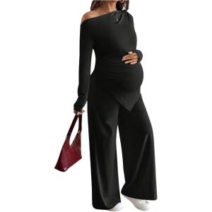 image:imageMakeMeChic Womens Maternity Clothes 2 Piece Spring Outfits Asymmetrical Top and Pants Matching Sets Black Large