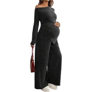 image:imageMakeMeChic Womens Maternity Clothes 2 Piece Spring Outfits Asymmetrical Top and Pants Matching Sets Dark Grey Large