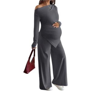 image:imageMakeMeChic Womens Maternity Clothes 2 Piece Spring Outfits Asymmetrical Top and Pants Matching Sets Grey Large