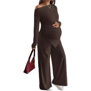 image:imageMakeMeChic Womens Maternity Clothes 2 Piece Spring Outfits Asymmetrical Top and Pants Matching SetsBrown