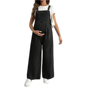 image:imageMakeMeChic Womens Maternity Denim Overalls Pleated Wide Strap Sleeveless Fall Pregnancy Jumpsuits JeansBlack