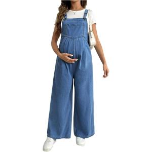 image:imageMakeMeChic Womens Maternity Denim Overalls Pleated Wide Strap Sleeveless Fall Pregnancy Jumpsuits JeansMedium Wash