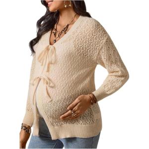 image:imageMakeMeChic Womens Maternity Fall Clothes Crochet Cardigan Sweaters Long Sleeve Tie V Neck Boho Pregnancy TopsKhaki