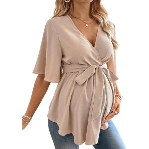 image:imageMakeMeChic Womens Maternity Nursing Blouse V Neck Wrap Ruffle Short Sleeve Belted Pregnancy Shirt Business Work TopsApricot