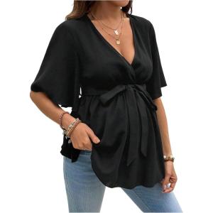 image:imageMakeMeChic Womens Maternity Nursing Blouse V Neck Wrap Ruffle Short Sleeve Belted Pregnancy Shirt Business Work TopsBlack