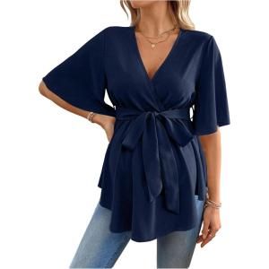 image:imageMakeMeChic Womens Maternity Nursing Blouse V Neck Wrap Ruffle Short Sleeve Belted Pregnancy Shirt Business Work TopsDark Blue