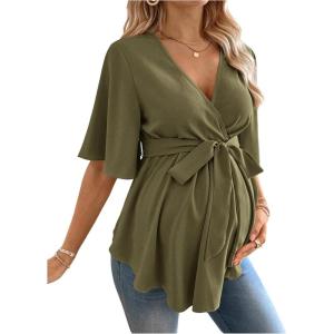 image:imageMakeMeChic Womens Maternity Nursing Blouse V Neck Wrap Ruffle Short Sleeve Belted Pregnancy Shirt Business Work TopsDark Green