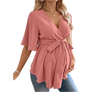 image:imageMakeMeChic Womens Maternity Nursing Blouse V Neck Wrap Ruffle Short Sleeve Belted Pregnancy Shirt Business Work TopsDusty Pink
