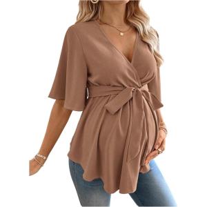 image:imageMakeMeChic Womens Maternity Nursing Blouse V Neck Wrap Ruffle Short Sleeve Belted Pregnancy Shirt Business Work TopsMocha Brown
