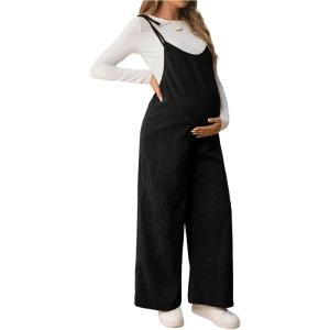 image:imageMakeMeChic Womens Maternity Overalls Spaghetti Strap Tie Shoulder Wide Leg Pregnancy Cami JumpsuitBlack