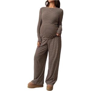 image:imageMakeMeChic Womens Maternity Pajama Set Striped Long Sleeve Tops Wide Leg Pants Lounge Sets Fall ClothesBrown