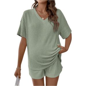 image:imageMakeMeChic Womens Maternity Pajamas Lounge Sets Summer 2 Piece Outfits Short Sleeve Rib Knit Tee Top and Short Mama ClothesGreen