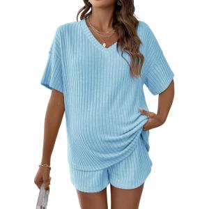 image:imageMakeMeChic Womens Maternity Pajamas Lounge Sets Summer 2 Piece Outfits Short Sleeve Rib Knit Tee Top and Short Mama ClothesMint Blue
