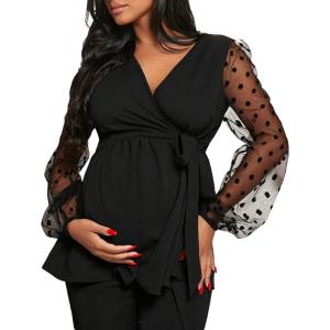 image:imageMakeMeChic Womens Maternity Polka Dots Blouse Mesh V Neck Wrap Tie Side Long Sleeve Shirt TopsBlack
