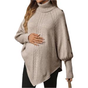 image:imageMakeMeChic Womens Maternity Poncho Sweater Turtleneck Asymmetrical Long Sleeve PulloversApricot