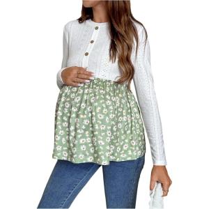 image:imageMakeMeChic Womens Maternity Shirts Crew Neck Button Up Long Sleeve Boho Top Blouse Maternity ClothesMulticolor