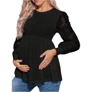 image:imageMakeMeChic Womens Maternity Shirts Crew Neck Tops Lace Jacquard Long Sleeve Ruffle Blouse ClothesBlack