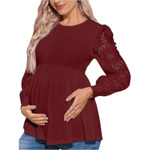image:imageMakeMeChic Womens Maternity Shirts Crew Neck Tops Lace Jacquard Long Sleeve Ruffle Blouse ClothesBurgundy
