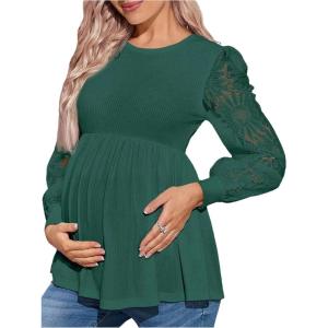 image:imageMakeMeChic Womens Maternity Shirts Crew Neck Tops Lace Jacquard Long Sleeve Ruffle Blouse ClothesGreen