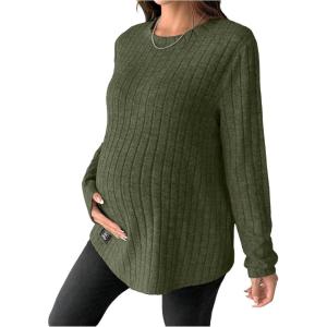 image:imageMakeMeChic Womens Maternity Shirts Knit Long Sleeve Pregnancy Tops Fall Maternity Clothes Army Green Large