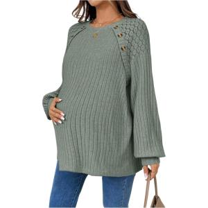 image:imageMakeMeChic Womens Maternity Shirts Lace Long Sleeve Button Crew Neck Knit Maternity ClothesGreen
