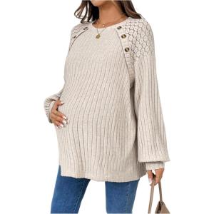 image:imageMakeMeChic Womens Maternity Shirts Lace Long Sleeve Button Crew Neck Knit Maternity ClothesKhaki