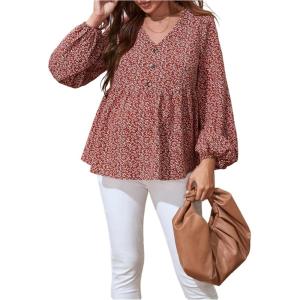 image:imageMakeMeChic Womens Maternity Shirts Long Sleeve V Neck Button Floral Blouse Ruffle Hem TopsBurgundy