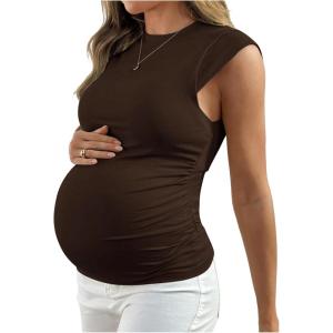 image:imageMakeMeChic Womens Maternity Shirts Summer Crew Neck Ruched Sleeveless Fitted Pregnancy TopsCoffee Brown