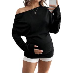image:imageMakeMeChic Womens Maternity Shirts Summer Long Sleeve Ruched Pregnancy Asymmetrical TopsBlack
