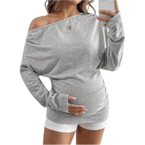 image:imageMakeMeChic Womens Maternity Shirts Summer Long Sleeve Ruched Pregnancy Asymmetrical TopsGrey
