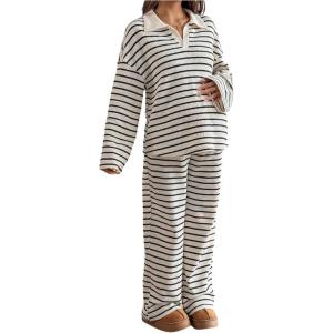 image:imageMakeMeChic Womens Maternity Spring Outfits Striped Long Sleeve Collar V Neck Tops and Pants 2 Piece Lounge Sets Apricot Large