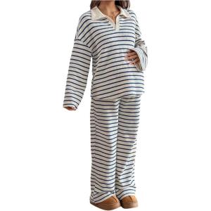 image:imageMakeMeChic Womens Maternity Spring Outfits Striped Long Sleeve Collar V Neck Tops and Pants 2 Piece Lounge Sets Blue and White Medium