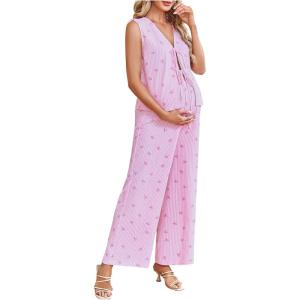 image:imageMakeMeChic Womens Maternity Summer 2 Piece Outfits Pregnancy Boho Vacation Striped Bow Top and Pants SetPink