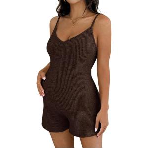 image:imageMakeMeChic Womens Maternity Summer Romper V Neck Sleeveless Rib Knit Pregnancy Short JumpsuitCoffee Brown