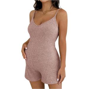 image:imageMakeMeChic Womens Maternity Summer Romper V Neck Sleeveless Rib Knit Pregnancy Short JumpsuitPink