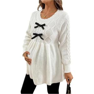 image:imageMakeMeChic Womens Maternity Sweater Bow Crew Neck Ruffle Long Sleeve Pregnancy Pullover TopBlack and White