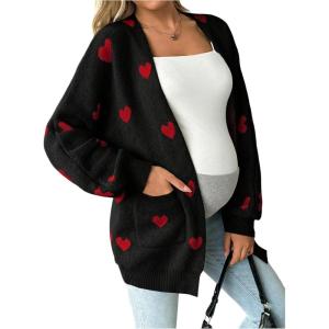 image:imageMakeMeChic Womens Maternity Sweater Cardigan Heart Print Long Sleeve Open Front Cute CoatBlack and Red