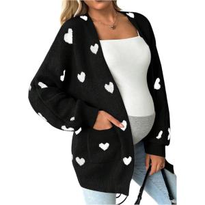 image:imageMakeMeChic Womens Maternity Sweater Cardigan Heart Print Long Sleeve Open Front Cute CoatBlack and White