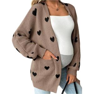 image:imageMakeMeChic Womens Maternity Sweater Cardigan Heart Print Long Sleeve Open Front Cute CoatBrown