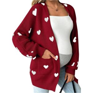 image:imageMakeMeChic Womens Maternity Sweater Cardigan Heart Print Long Sleeve Open Front Cute CoatRed